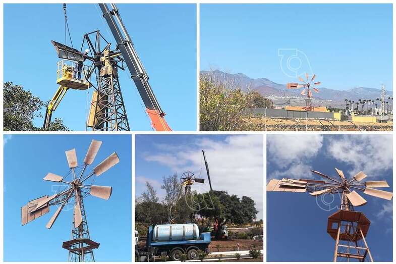 Los dos molinos del siglo XIX. Trabajos de desmontaje de uno mientras que el otro se mantiene en pie (Foto TA)